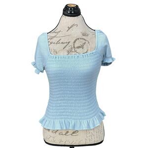 Aqua Womens Blouse Sz Small Smocked Puff Sleeve Boho Cottagecore Coastal Cowgirl